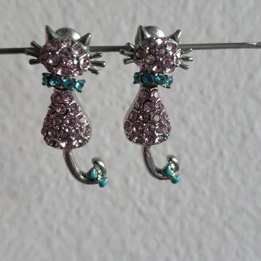 Pink Blue Gemstone Bejeweled Bobble Head Cat Dangle Post Earrings